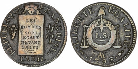 FRANCE
Convention (1792-1795). Sol à la balance FRANÇOISE 1793, AA, Metz.
G.19 ; Cuivre - 12,67 g - 29 mm - 6 h 
TTB.