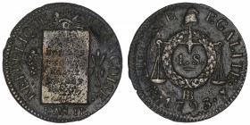 FRANCE
Convention (1792-1795). Sol à la balance FRANÇOISE 1793, BB, Strasbourg.
G.19 ; Cuivre - 9,24 g - 29 mm - 6 h 
Coin choqué au revers. TB.