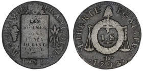 FRANCE
Convention (1792-1795). Sol à la balance FRANÇOISE, sans différent 1793, D°, Dijon.
G.19 ; Cuivre - 11,02 g - 29 mm - 6 h 
Variété sans diff...