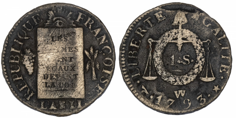 FRANCE
Convention (1792-1795). Sol à la balance FRANÇOISE 1793, W, Lille.
G.19...