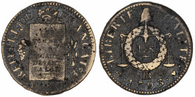 FRANCE
Convention (1792-1795). Sol à la balance FRANÇAISE 1793, AA, Metz.
G.20 ; Cuivre - 11,71 g - 29 mm - 6 h 
Rare type. TB.