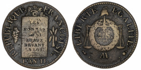 FRANCE
Convention (1792-1795). Sol à la balance FRANÇOISE, non daté ND (1794), AA, Metz.
G.21 ; Cuivre - 12,27 g - 29 mm - 6 h 
Usure sur la valeur...