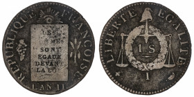 FRANCE
Convention (1792-1795). Sol à la balance FRANÇOISE, non daté ND (1794), I, Limoges.
G.21 ; Cuivre - 13,18 g - 29 mm - 6 h 
TB.