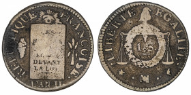 FRANCE
Convention (1792-1795). Sol à la balance FRANÇOISE, non daté ND (1794), MA, Marseille.
G.21 ; Cuivre - 11,13 g - 29 mm - 6 h 
TB.
