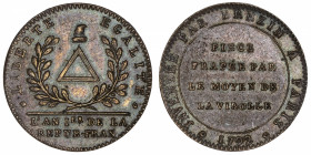 FRANCE
Convention (1792-1795). Essai petit module au triangle par Brézin 1792, Paris.
VG.363 ; Bronze - 4,57 g - 21 mm - 6 h 
Superbe.
