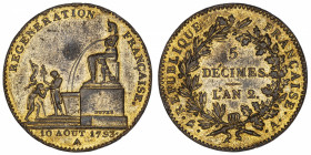 FRANCE
Convention (1792-1795). 5 décimes régénération An 2 (1793), A, Paris.
Maz.261 ; Cuivre doré - 23,30 g - 35 mm - 6 h 
Exemplaire anciennement...