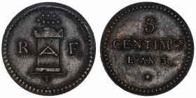 FRANCE
Convention (1792-1795). Essai de 5 centimes au type “Autel de la Liberté” An 3 (1794-95), Paris.
G.121 ; Bronze - 1,05 g - 17,5 mm - 6 h 
Ra...