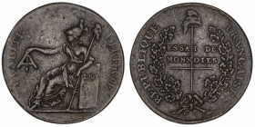 FRANCE
Convention (1792-1795). Essai au module du décime “Essai de monnoies” ND (1793), Paris.
G.180 ; Cuivre - 9,75 g - 28 mm - 6 h 
TB.