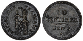 FRANCE
Convention (1792-1795). Essai de 10 centimes Faisceau, massue et serpent An 3 (1794-95), Paris.
G.183 ; Bronze - 3,24 g - 21 mm - 6 h 
Légèr...