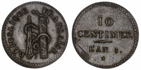 FRANCE
Convention (1792-1795). Essai de 10 centimes Faisceau, massue et serpent An 3 (1794-95), Paris.
G.183 ; Bronze - 2,65 g - 21 mm - 6 h 
Griff...