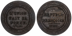 FRANCE
Convention (1792-1795). Médaillette, l’Union fait sa force 1793.
VG.393 ; Bronze - 5,63 g - 21 mm - 6 h 
Superbe.