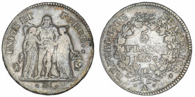 FRANCE
Directoire (1795-1799). 5 francs Union et Force An 7/6, A, Paris.
G.563 - F.287 ; Argent - 24,96 g - 37 mm - 6 h 
Millésime regravé An 7/6. ...