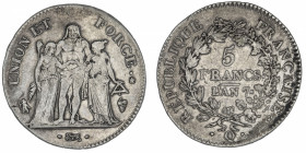 FRANCE
Directoire (1795-1799). 5 francs Union et Force An 7, Q, Perpignan.
G.563 - F.287 ; Argent - 24,58 g - 37 mm - 6 h 
Patine grise. TB à TTB.