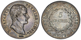 FRANCE
Consulat (1799-1804). 5 francs Bonaparte An 12, A, Paris.
G.577 - F.301 ; Argent - 25,07 g - 37 mm - 6 h 
Très belle monnaie, avec une agréa...