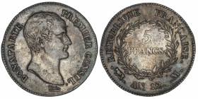 FRANCE
Consulat (1799-1804). 5 francs Bonaparte An 12, M, Toulouse.
G.577 - F.301 ; Argent - 24,78 g - 37 mm - 6 h 
Anciennement nettoyé sous la pa...