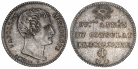 FRANCE
Consulat (1799-1804). Essai d’outillage au module de 1 franc Napoléon Bonaparte IVe année (1802), A, Paris.
G.441 ; Argent - 5,72 g - 24 mm -...