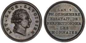 FRANCE
Consulat (1799-1804). Essai de Gengembre à l'effigie de Lavoisier An 9, Paris.
Maz.614b v. ; Bronze - 8,91 g - 25,5 mm - 6 h 
Reste du brill...