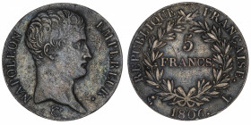 FRANCE
Premier Empire / Napoléon Ier (1804-1814). 5 francs tête nue, calendrier grégorien 1806, L, Bayonne.
G.581 - F.304 ; Argent - 24,76 g - 37,5 ...