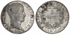 FRANCE
Premier Empire / Napoléon Ier (1804-1814). 5 francs tête nue, calendrier grégorien 1806, L, Bayonne.
G.581 - F.304 ; Argent - 24,77 g - 37,5 ...