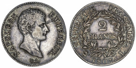 FRANCE
Premier Empire / Napoléon Ier (1804-1814). 2 francs calendrier grégorien 1807, L, Bayonne.
G.496 - F.252 ; Argent - 9,97 g - 27 mm - 6 h 
Us...