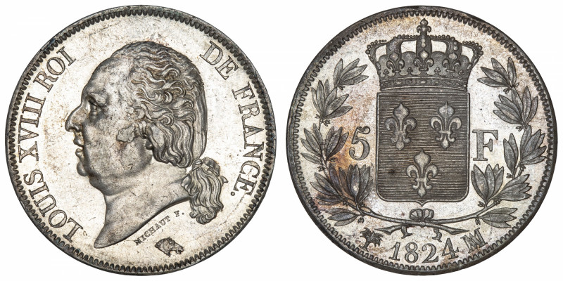 FRANCE
Louis XVIII (1814-1824). 5 francs buste nu 1824, MA, Marseille.
G.614 -...