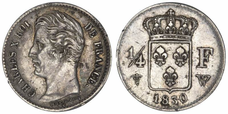 FRANCE
Charles X (1824-1830). 1/4 franc 1830, W, Lille.
G.353 - F.164 ; Argent...