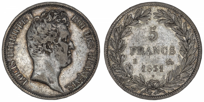 FRANCE
Louis-Philippe Ier (1830-1848). 5 francs, tranche en relief 1831, B, Rou...