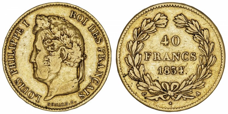 FRANCE
Louis-Philippe Ier (1830-1848). 40 francs tête laurée 1834, A, Paris.
G...