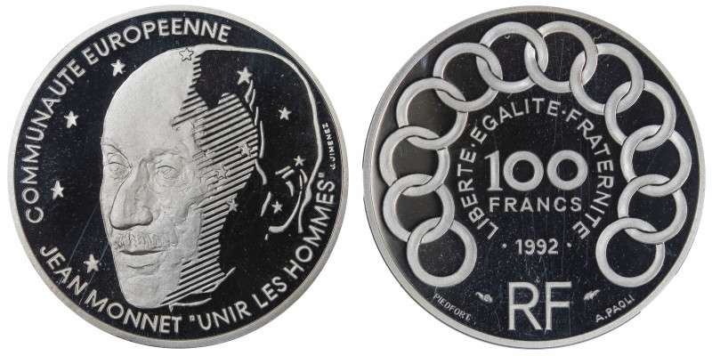 FRANCE
Ve République (1958 à nos jours). Piéfort de 100 francs Jean Monnet 1992...