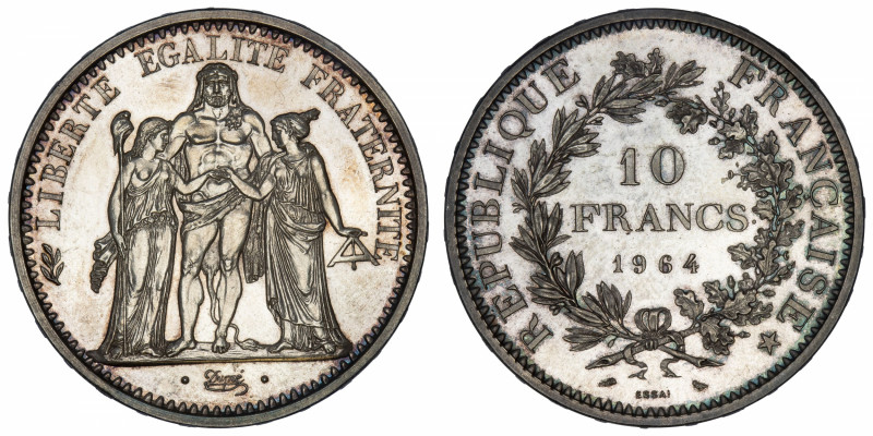 FRANCE
Ve République (1958 à nos jours). Essai de 10 francs Hercule 1964, Paris...