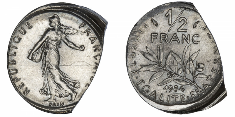 FRANCE
Ve République (1958 à nos jours). 1/2 franc Semeuse frappe fautée 1984, ...