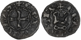 GRÈCE
Achaïe, Guillaume de Villehardouin (1246-1278). Denier ND, Clarentia.
S.XIV-13 ; Billon - 0,85 g - 17 mm - 11 h 
Patine noire. TTB.