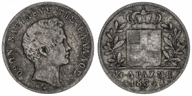 GRÈCE
Othon Ier (1832-1862). 1/4 drachme 1834, A, Paris.
KM.18 ; Argent - 1,06 g - 17 mm - 6 h 
TB.
