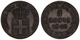 GRÈCE
Othon Ier (1832-1862). 5 lepta 1842, Athènes.
KM.16 ; Cuivre - 6,74 g - 24 mm - 12 h 
TTB.