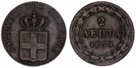 GRÈCE
Othon Ier (1832-1862). 2 lepta 1839, Athènes.
KM.14 ; Cuivre - 2,84 g - 18,5 mm - 12 h 
TB à TTB.