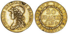 ITALIE
Gaule subalpine (1800-1802). 20 francs Marengo An 9, Turin.
DMP.894 - M.6 - Fr.1172 ; Or - 6,35 g - 22 mm - 6 h 
Défauts sur la tranche nota...