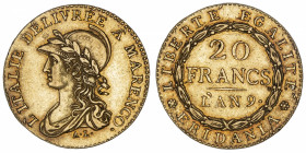 ITALIE
Gaule subalpine (1800-1802). 20 francs Marengo An 9, Turin.
DMP.894 - M.6 - Fr.1172 ; Or - 6,39 g - 22 mm - 6 h 
Beau TTB.