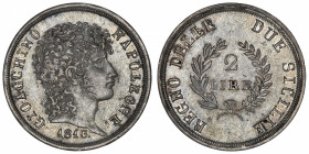 ITALIE
Naples, Joachim Murat (1808-1815). 2 lire 1813, Naples.
KM.258 ; Argent - 9,90 g - 27 mm - 12 h 
Ancien nettoyage. TTB.