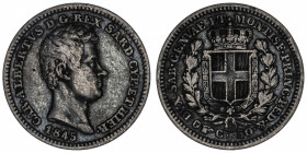 ITALIE
Savoie-Sardaigne, Charles-Albert (1831-1849). 50 centesimi 1845, Turin.
KM.134.1 ; Argent - 2,43 g - 18 mm - 6 h 
Patine grise. TTB.