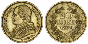 ITALIE
Vatican, Pie IX (1846-1878). 20 lire 1867 - An XXII, R, Rome.
Fr.280 ; Or - 6,43 g - 21,5 mm - 6 h 
TTB.