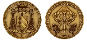 ITALIE
Vatican, Siège vacant (2005). Médaille d’or, Cardinal Eduardo Martínez Somalo 2005.
Or - 48,18 g - 40 mm - 12 h
Superbe.