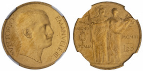 ITALIE
Victor-Emmanuel III (1900-1946). Essai de 20 lire en bronze doré avec Minerve et l’Agriculture par S. Johnson, Flan bruni mat (PROOF) 1903, Mi...