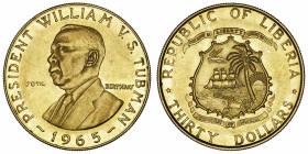 LIBERIA
République indépendante du Liberia (depuis 1847). 30 dollars Or, 70e anniversaire du président William V. S. Tubman 1965.
KM#22 - Fr.4 ; Or ...