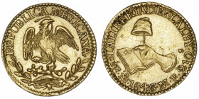 MEXIQUE
République du Mexique (1821-1917). 1/2 escudo 1846, M°, Mexico.
Fr.107 ; Or - 1,68 g - 14,5 mm - 6 h 
TTB.