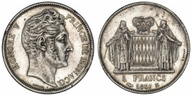 MONACO
Honoré V (1819-1841). 5 francs 1837.
G.MC107 ; Argent - 24,96 g - 37 mm - 6 h
Avec la tranche : **** DEO JUVANTE. Anciennement nettoyé et qu...