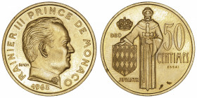 MONACO
Rainier III (1949-2005). Essai de 50 centimes en or 1962, Paris.
G.MC148 - Fr.31g ; Or - 15,1 g - 25 mm - 6 h 
Superbe.
