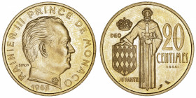 MONACO
Rainier III (1949-2005). Essai de 20 centimes en or 1962, Paris.
G.MC147 - Fr.31i ; Or - 8,68 g - 23,5 mm - 6 h 
Superbe.