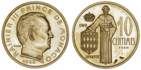 MONACO
Rainier III (1949-2005). Essai de 10 centimes en or 1962, Paris.
G.MC146 - Fr.31k ; Or - 6,49 g - 20 mm - 6 h 
Superbe.