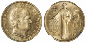 MONACO
Rainier III (1949-2005). Essai de 5 centimes 1976, Paris.
KM.E69 ; Cupro-nickel aluminium - 17 mm - 6 h 
NGC MS 66 (5950824-002). Fleur de c...