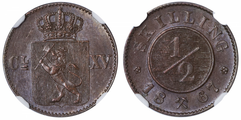 NORVÈGE
Charles XV (1859-1872). 1/2 skilling 1867.
KM.329 ; Cuivre - 3 g - 18 ...
